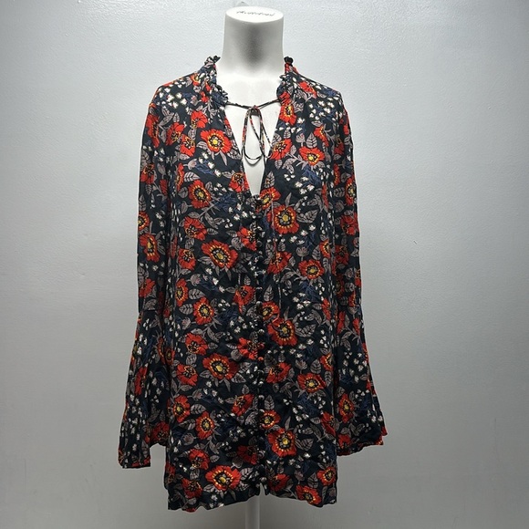 Free People Magic Mystery Tunic Top Shirt Floral Boho Long Sleeve Blue S Small - Picture 2 of 9